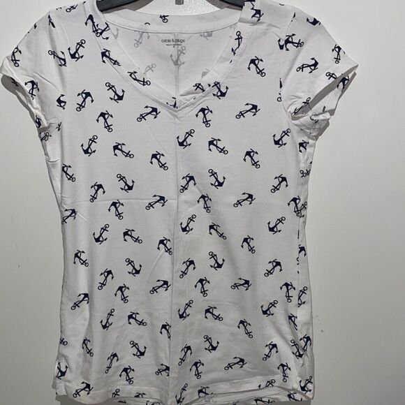 Cable & Gauge Tops - Cable & Gauge Womens Navy Anchor Print‎ V-Neck Short Sleeve T-Shirt White Small